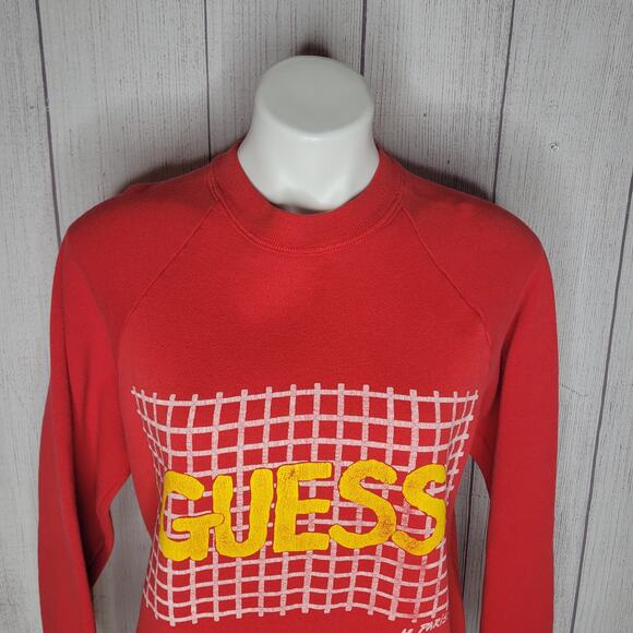 Vintage Guess Red Yellow Logo Crosshatch Sweater Shirt - Picture 2 of 9